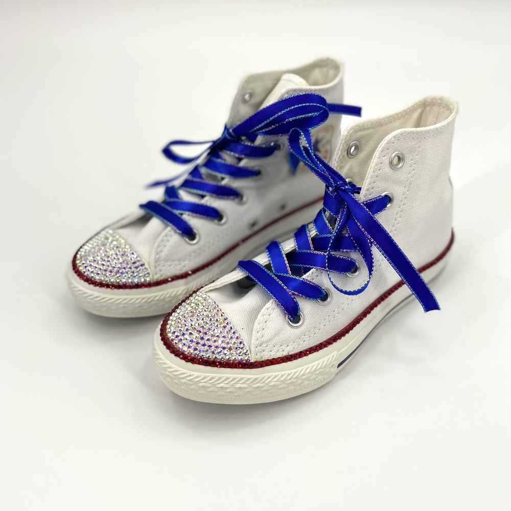 Converse ‘White/Red & AB Crystal’ Custom High Top w/ Blue Ribbon Laces Girls 12